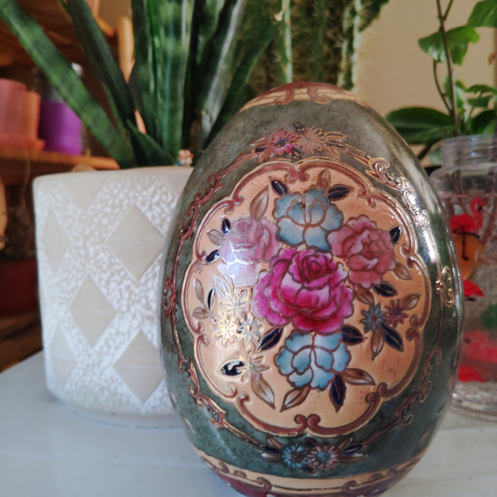 Vintage Satsuma Style Decorative Egg with Pink and Blue Accents